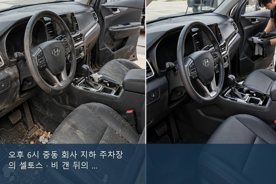 오후 6시 중동 회사 지하 주차장의 셀토스 · 비 갠 뒤의 작업